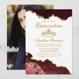 Convite Quinceanera Burgundy Foto Dourada da Coroa Marble