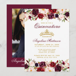 Convite Quinceanera Burgundy Foto Dourada Floral