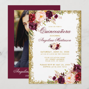 Convite Quinceanera Burgundy Foto Dourada Floral