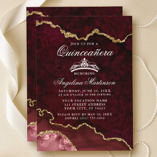 Convite Quinceanera Burgundy Gato Dourado