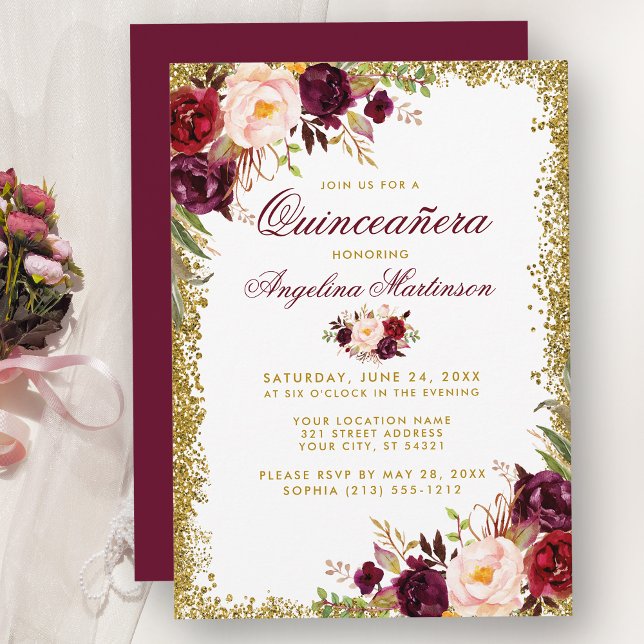 Convite Quinceanera Burgundy Glitter Dourado Floral Convit (Customize to change text color, style, add text & photos to back or change color of back of card.)