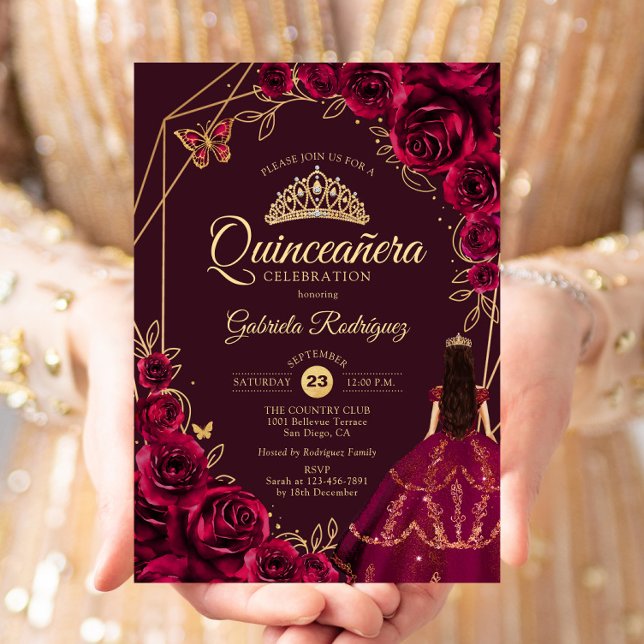 Convite Quinceanera Burgundy Gold Dress Floral (Criador carregado)