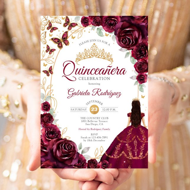 Convite Quinceanera Burgundy Gold Floral (Criador carregado)