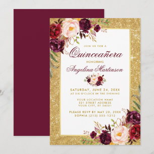 Convite Quinceanera Burgundy Lâmpada Dourada