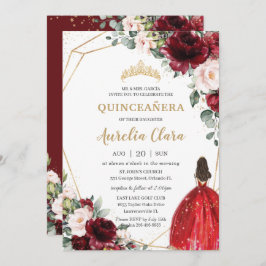 Convite Quinceañera Burgundy Red Blush Princesa Floral