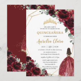 Convite Quinceañera Burgundy Red Floral Princesa Dourada