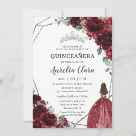 Convite Quinceañera Burgundy Red Floral Silver Princesa