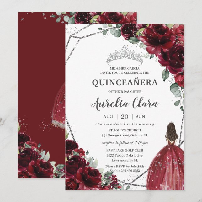 Convite Quinceañera Burgundy Red Floral Silver Princesa (Frente/Verso)