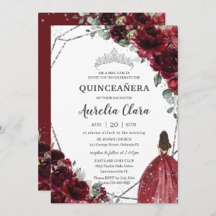 Convite Quinceañera Burgundy Red Floral Silver Princesa