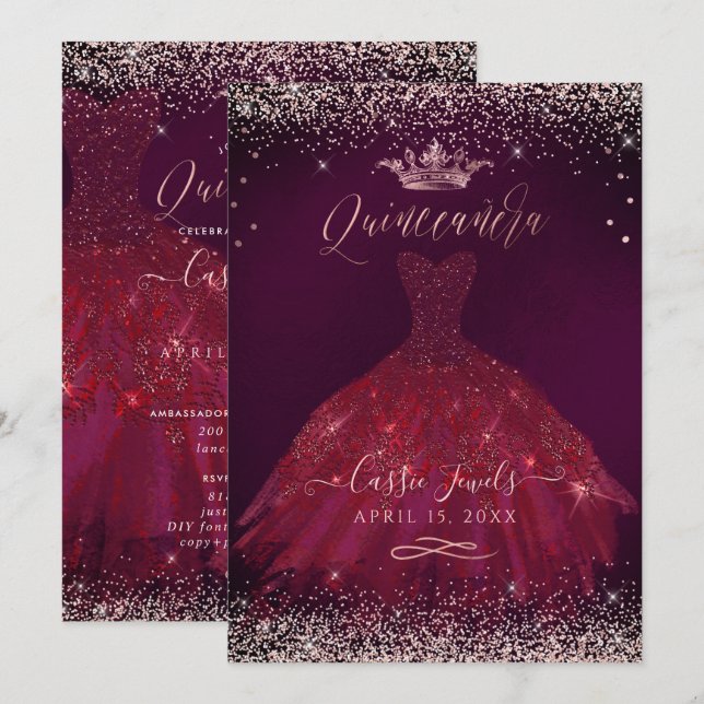 Convite Quinceanera Burgundy Rosa Dourado Confetti+Princes (Frente/Verso)