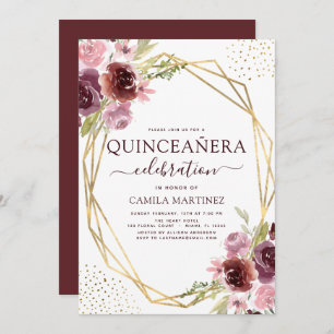 Convite Quinceanera Burgundy Rosa Moderna Geométrica Moder