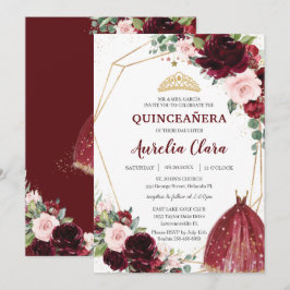 Convite Quinceañera Burgundy Rosas Florais Rosa Ball Gown