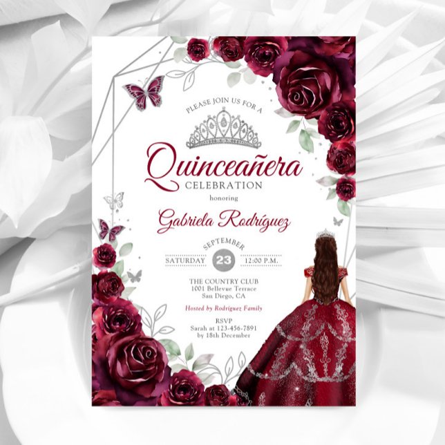 Convite Quinceanera Burgundy Vestido Floral (Criador carregado)