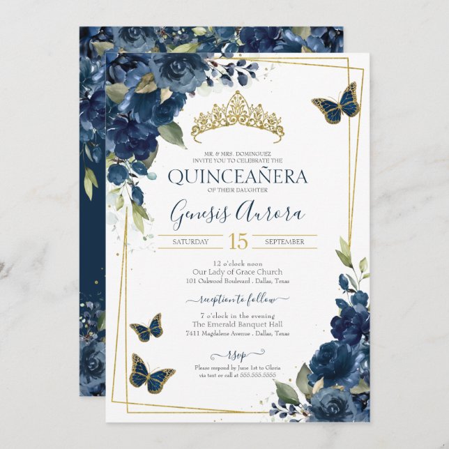 Convite Quinceañera Butterfly Blue Watercolor Floral (Frente/Verso)