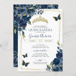 Convite Quinceañera Butterfly Blue Watercolor Floral