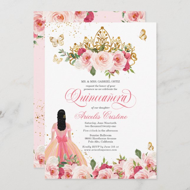 Convite Quinceañera Butterfly Blush Pink Watercolor Floral (Frente/Verso)
