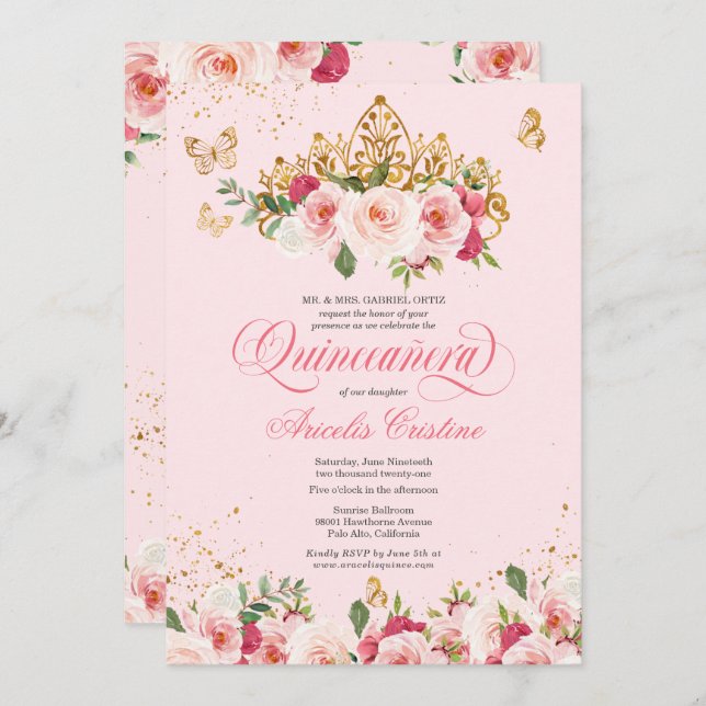 Convite Quinceañera Butterfly & Blush Pink Watercolor Rosa (Frente/Verso)