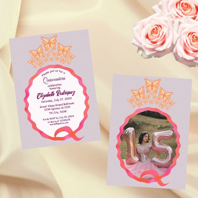 Convite Quinceañera Butterfly Crown Squiggle Invitation (Criador carregado)
