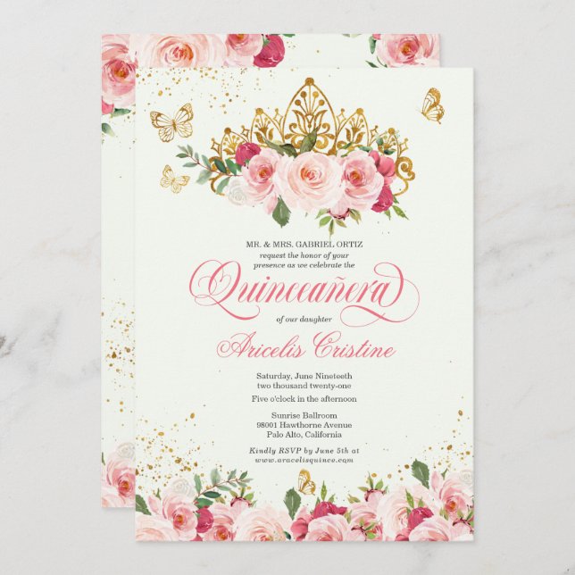 Convite Quinceañera Butterfly Mint & Pink Watercolor Rosa (Frente/Verso)