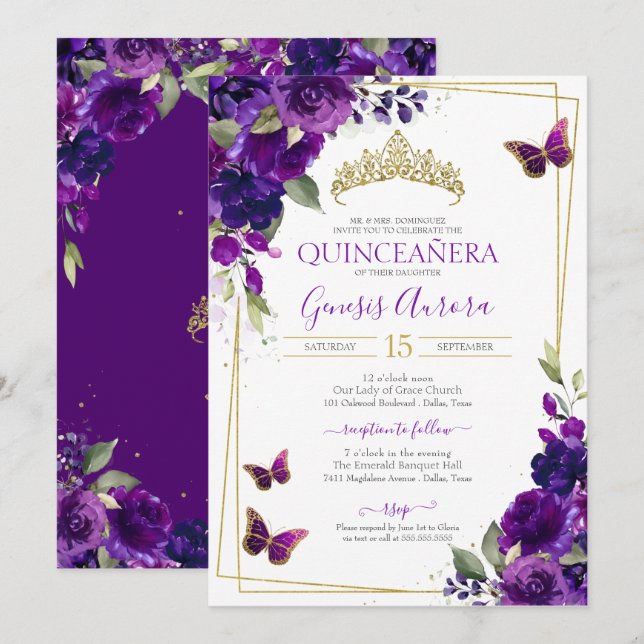 Convite Quinceañera Butterfly Purple Watercolor Floral (Frente/Verso)