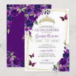 Convite Quinceañera Butterfly Purple Watercolor Floral