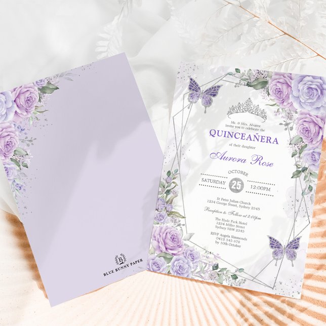 Convite Quinceañera Butterfly Roxo Lilver Floral (Criador carregado)