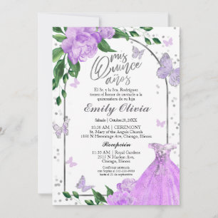 Convite Quinceanera Butterflys Lavanda Gown Espanhol