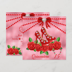 Convite Quinceañera, Calçados Vermelhos, Joias E Flores-Ro