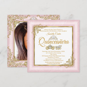 Convite Quinceanera Carruagem de Fotos Rosa Pálido 15 Anos