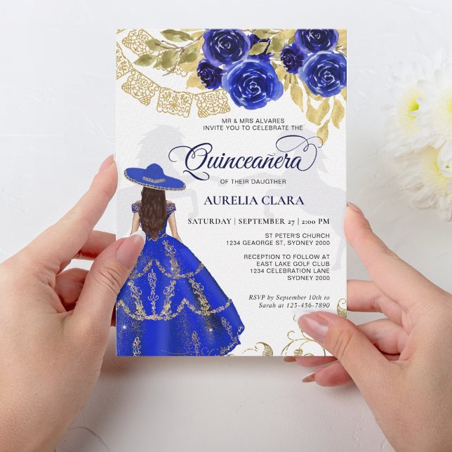 Convite Quinceañera - Cavalo Azul Floral Real Elegante (Criador carregado)