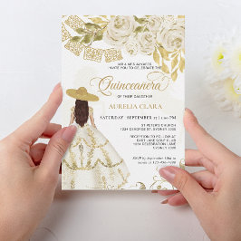 Convite Quinceañera, Cavalo Dourado de Ivória Floral