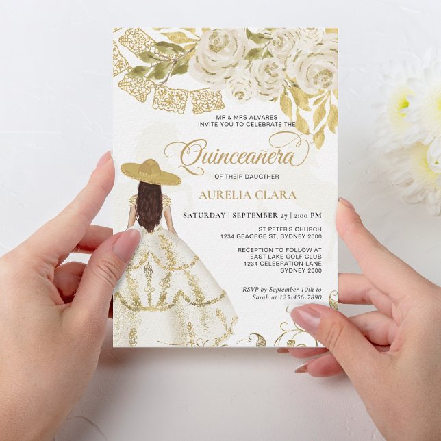 Convite Quinceañera, Cavalo Dourado de Ivória Floral (Criador carregado)