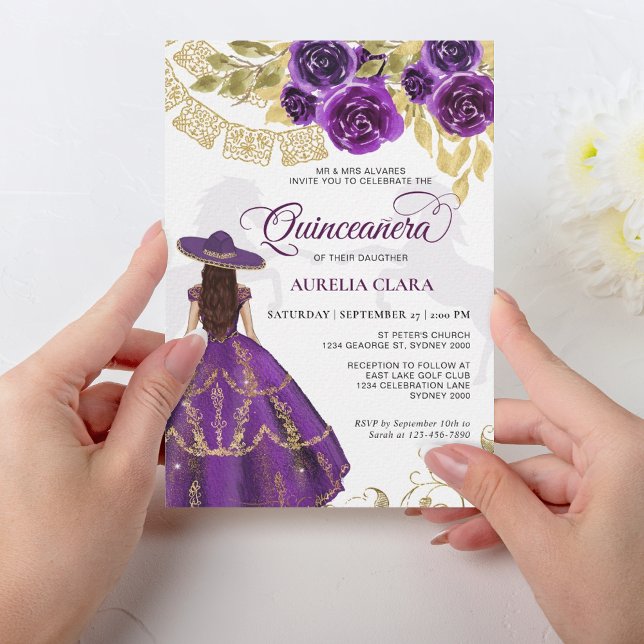 Convite Quinceañera, Cavalo Violeta Roxo-Elegante (Criador carregado)
