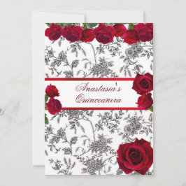 Convite Quinceanera Cetim Vermelho Rosas Vermelhas Preto B