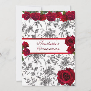 Convite Quinceanera Cetim Vermelho Rosas Vermelhas Preto B