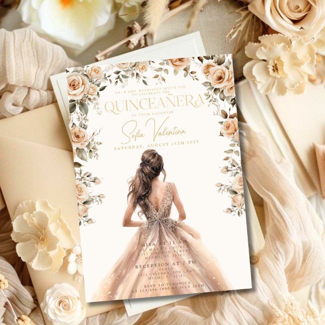 Convite Quinceañera Champagne Dourada Floral Gown Princesa (Quinceañera Champagne Gold Floral Gown Princess Invitation)