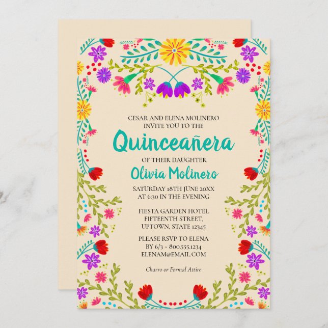 Convite Quinceanera Champagne Flores Mexicanas Aniversário (Frente/Verso)