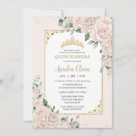 Convite Quinceañera Champagne Ivory Blush Floral Dourado