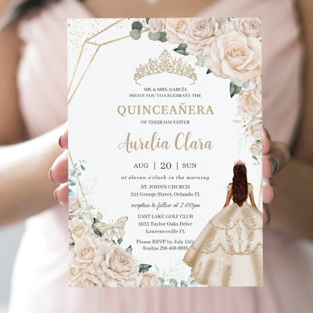 Convite Quinceanera Champagne Ivory Floral Princesa (Criador carregado)