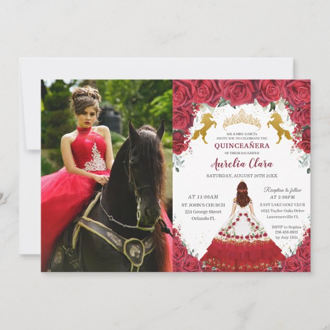 Convite Quinceañera Charro Red Floral Princesa Dourada Cav (Frente)