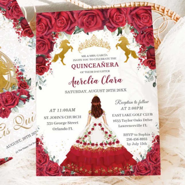 Convite Quinceañera Charro Red Floral Princesa Dourada Cav (Criador carregado)