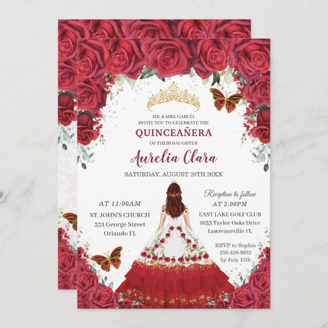 Convite Quinceañera Charro Red Floral Princess Horse Shoe (Frente/Verso)