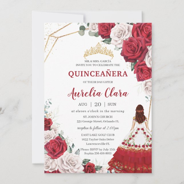 Convite Quinceañera Charro Red White Rosas Florais Dourada (Frente)