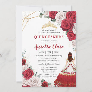 Convite Quinceañera Charro Red White Rosas Florais Dourada