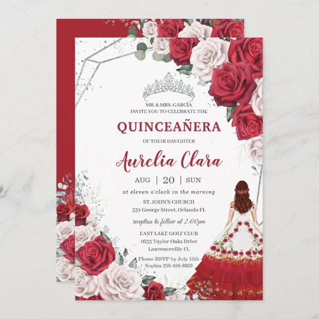 Convite Quinceañera Charro Red White Rosas Florais Prata (Frente/Verso)