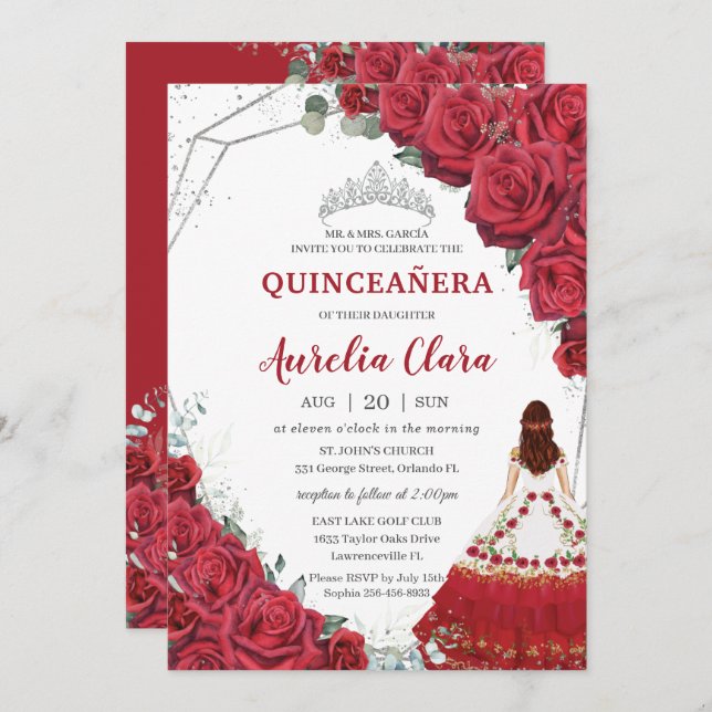 Convite Quinceañera Charro Rosas vermelhas Floral Silver (Frente/Verso)