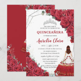 Convite Quinceañera Charro Rosas vermelhas Floral Silver