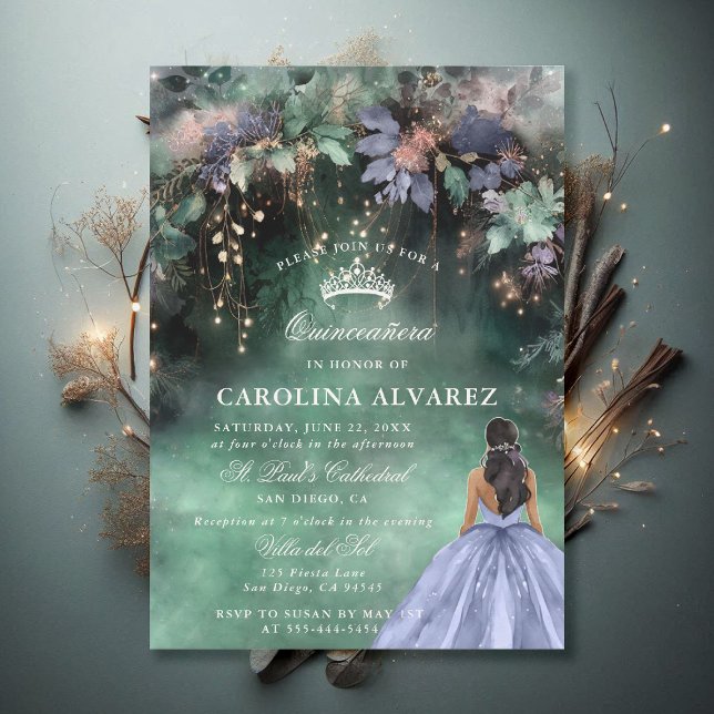 Convite Quinceanera Chic Azul-Periwinkle, Floresta Encanta (enchanted forest quinceanera invitation watercolor princess dress periwinkle emerald green)