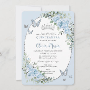 Convite Quinceañera Chic Baby Blue Borboletas Florais