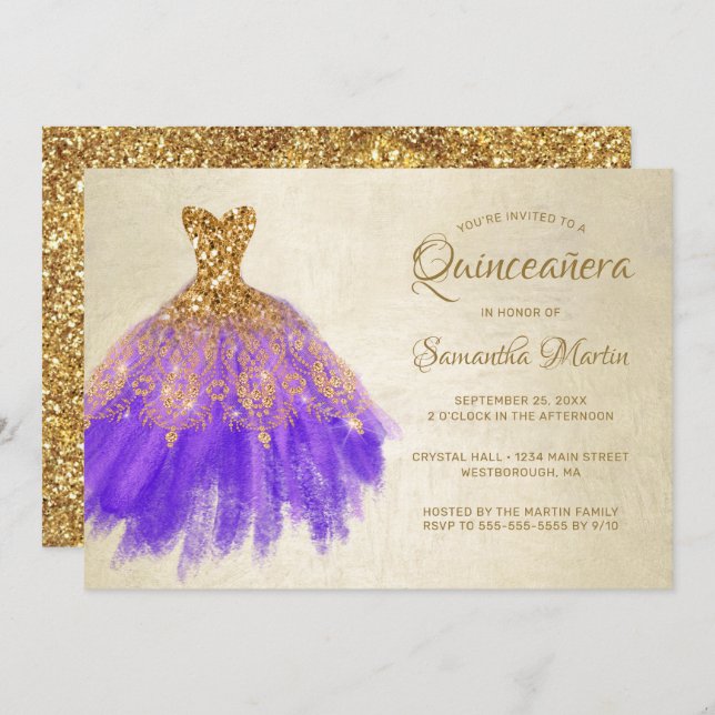 Convite Quinceanera Chic Dourado Purple Vestido Dourado Fe (Frente/Verso)